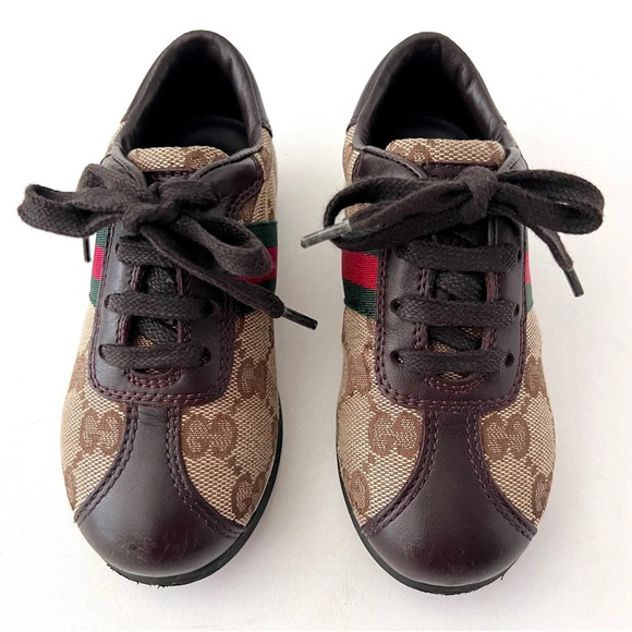 GUCCI || Baby Supreme GG Logo Web Stripe Lace Up Canvas Leather Sneakers Size 24 - Picture 2 of 13